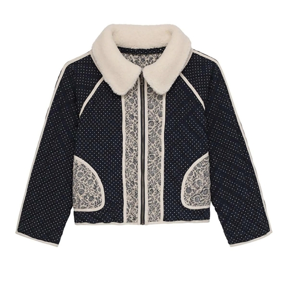 THE GREAT QUILTED NAVY & CREAM SHERPA COLLAR REVERSIBLE JACKET SZ XL - Picture 4 of 9